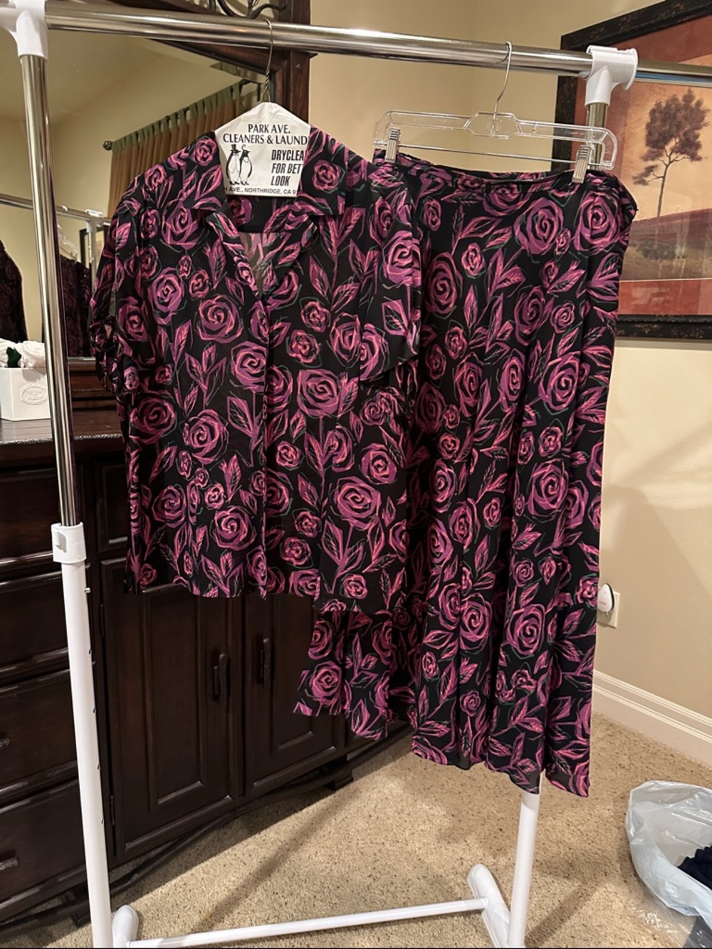 Jones New York Black and Pink Rose Print Blouse & Skirt Set